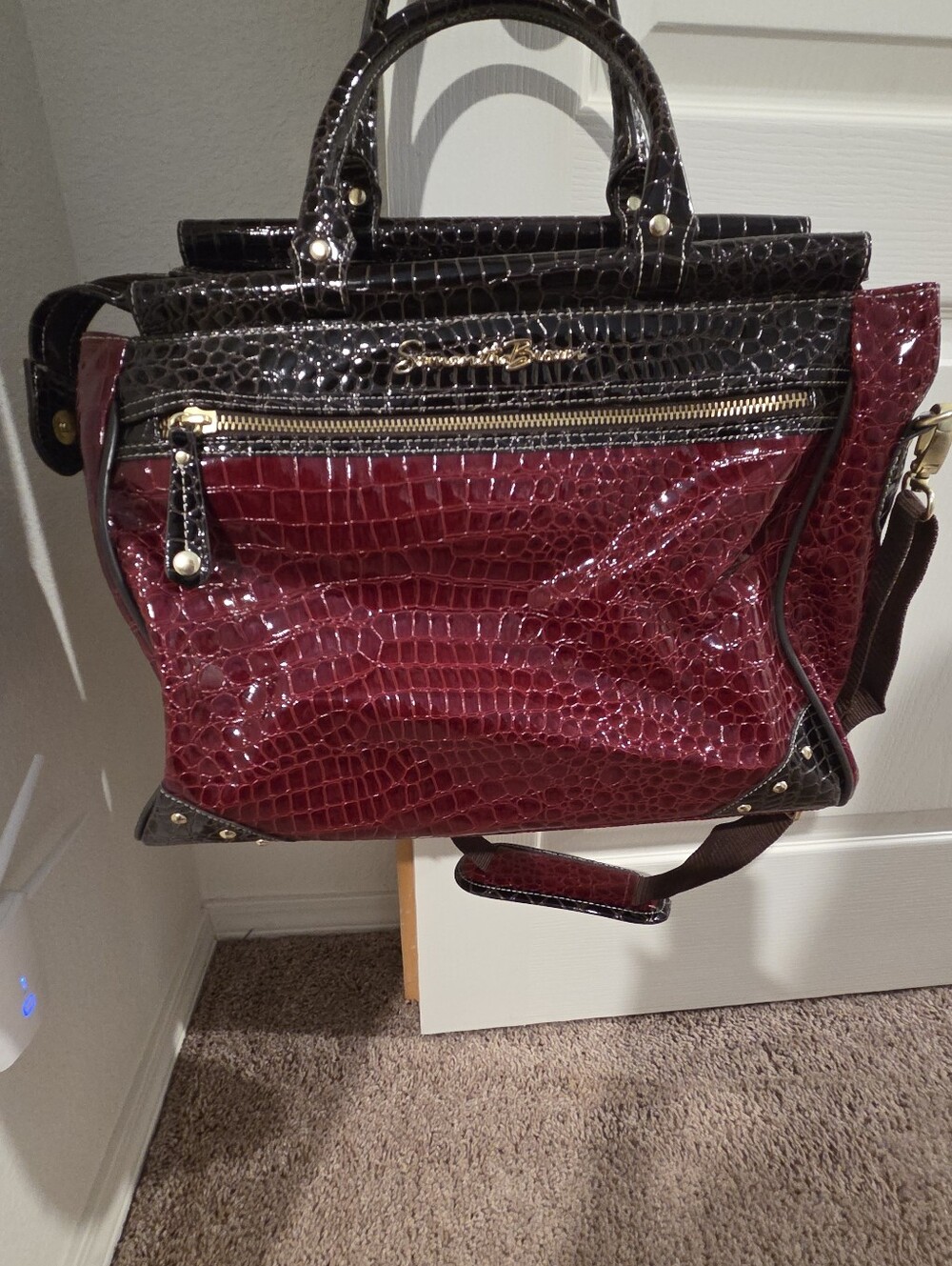 Croc-Embossed Two-Tone Satchel — Burgundy and Dark Brown
